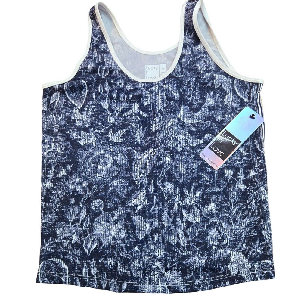 Vaportex Lucky In Love Blue Floral‎ Side Mesh Tank Top Sz S Tennis Active NEW